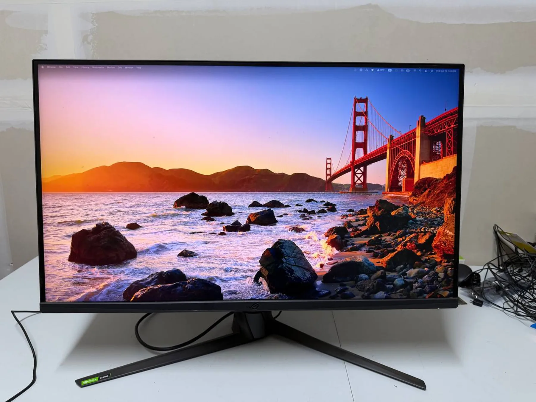 ASUS ROG Swift PG329Q powered on from an angle