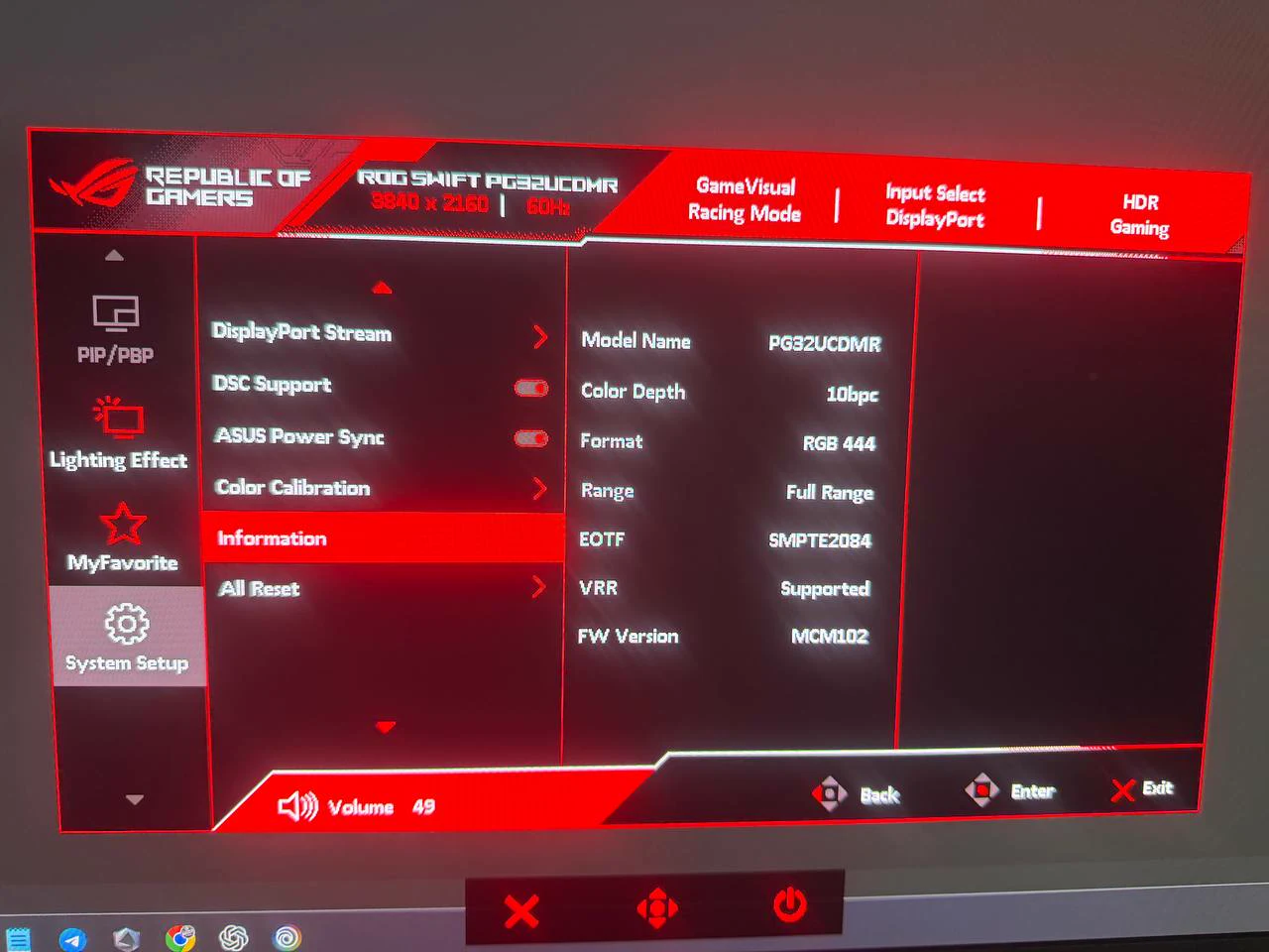 ASUS PG32UCDMR information screen showing 4K 10-bit RGB signal and VRR support