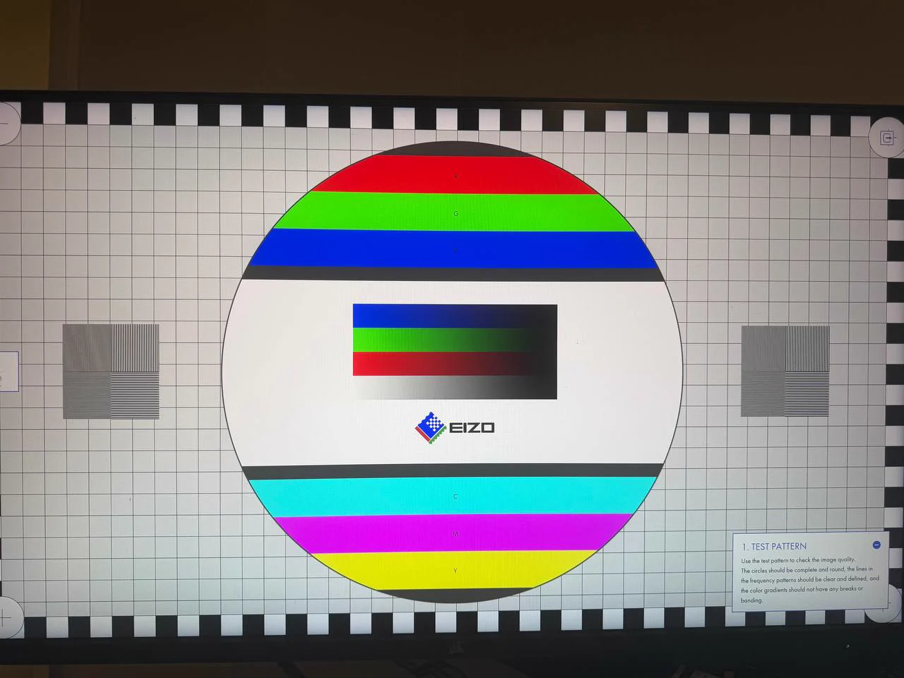 Corsair XENEON 32UHD144 displaying the EIZO monitor test pattern