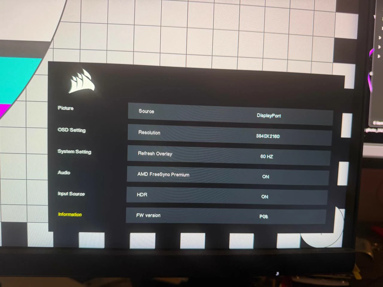 Corsair XENEON OSD showing 4K DisplayPort signal, FreeSync Premium, and HDR
