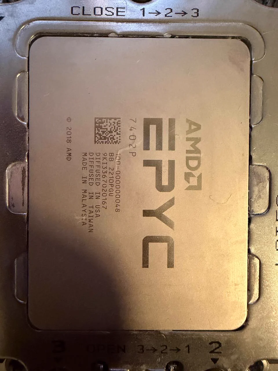 AMD EPYC 7402P processor installed in SP3 socket