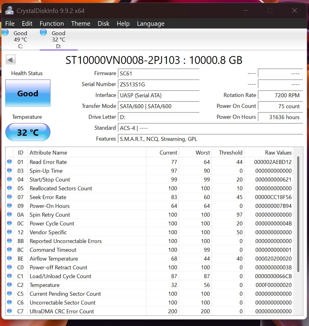 CrystalDiskInfo report for Seagate IronWolf 10TB serial ZS513S1G