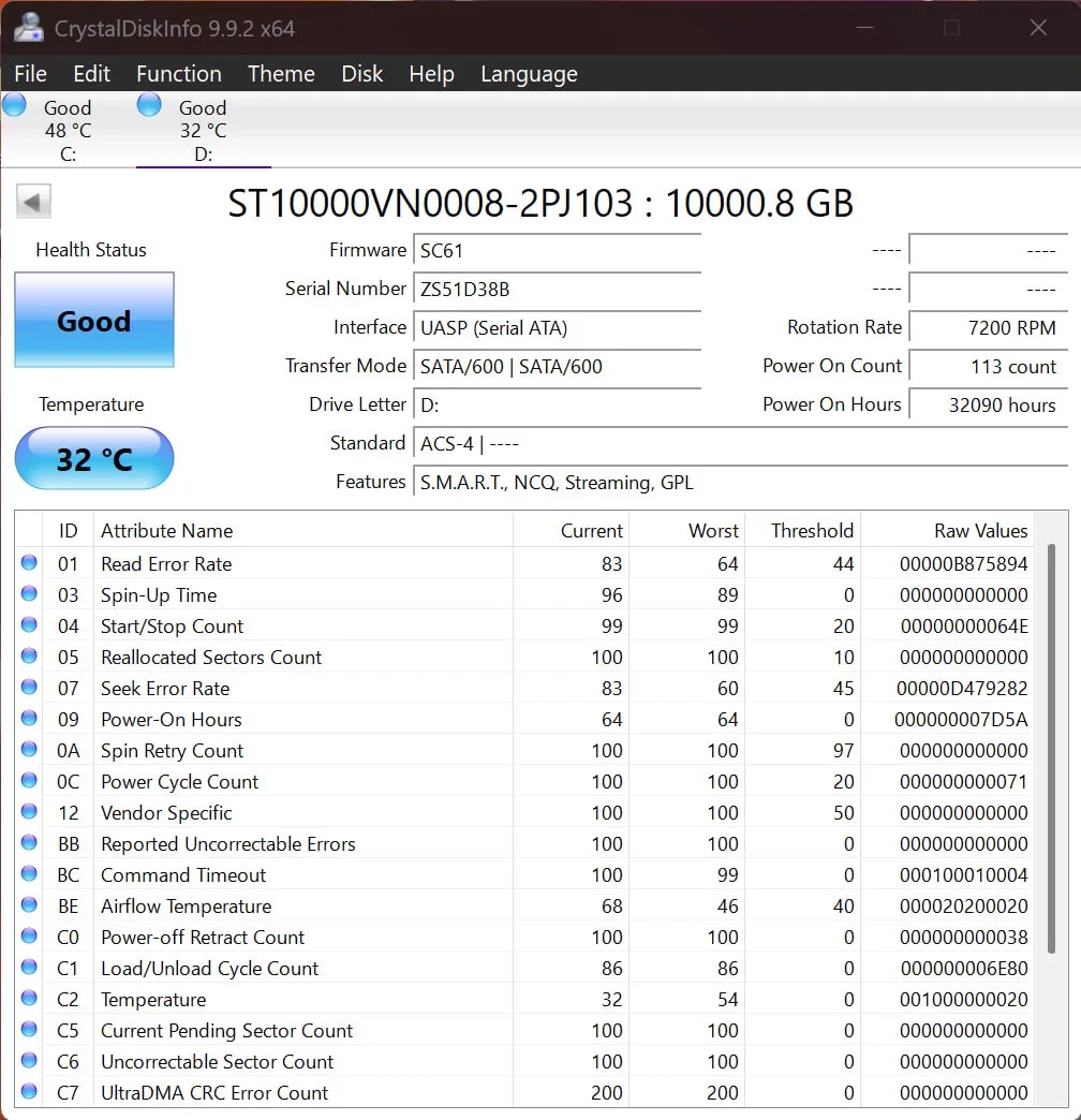 CrystalDiskInfo report for Seagate IronWolf 10TB serial ZS51D38B