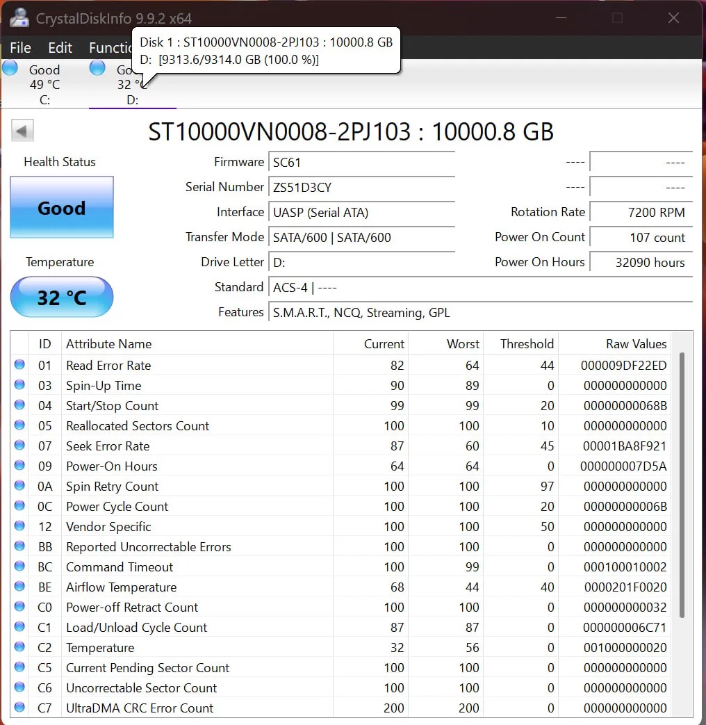 CrystalDiskInfo report for Seagate IronWolf 10TB serial ZS51D3CY