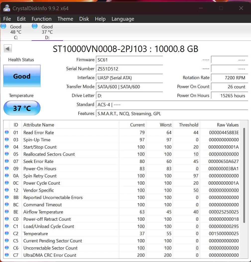 CrystalDiskInfo report for Seagate IronWolf 10TB serial ZS51D512