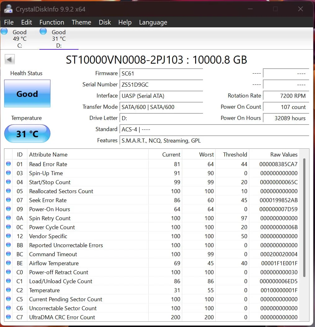 CrystalDiskInfo report for Seagate IronWolf 10TB serial ZS51D9GC