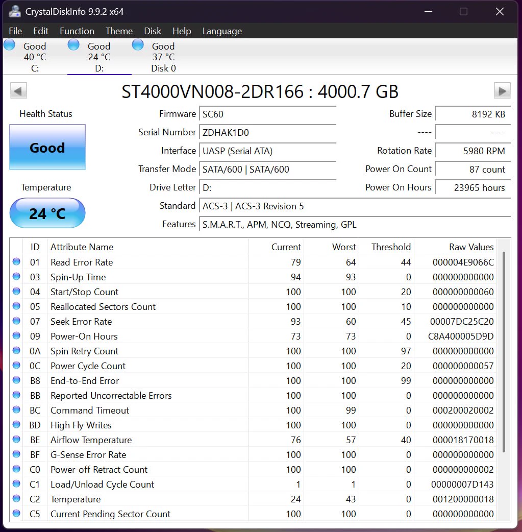 CrystalDiskInfo report for Seagate IronWolf 4TB serial ZDHAK1D0
