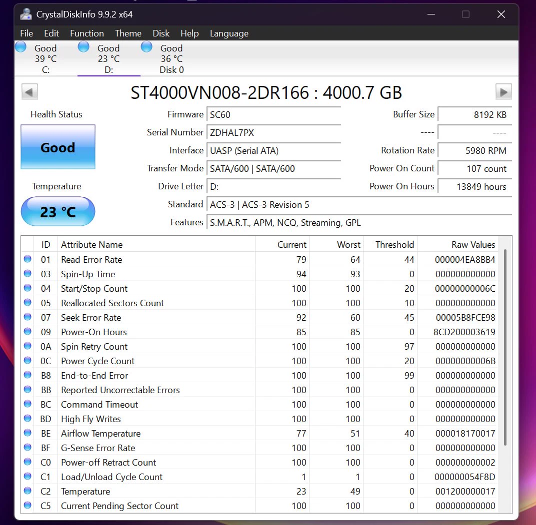 CrystalDiskInfo report for Seagate IronWolf 4TB serial ZDHAL7PX