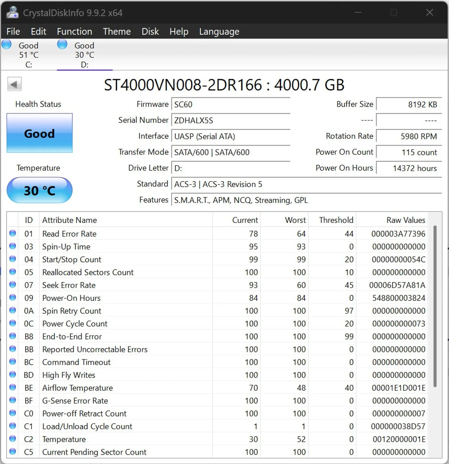 CrystalDiskInfo report for Seagate IronWolf 4TB serial ZDHALX5S
