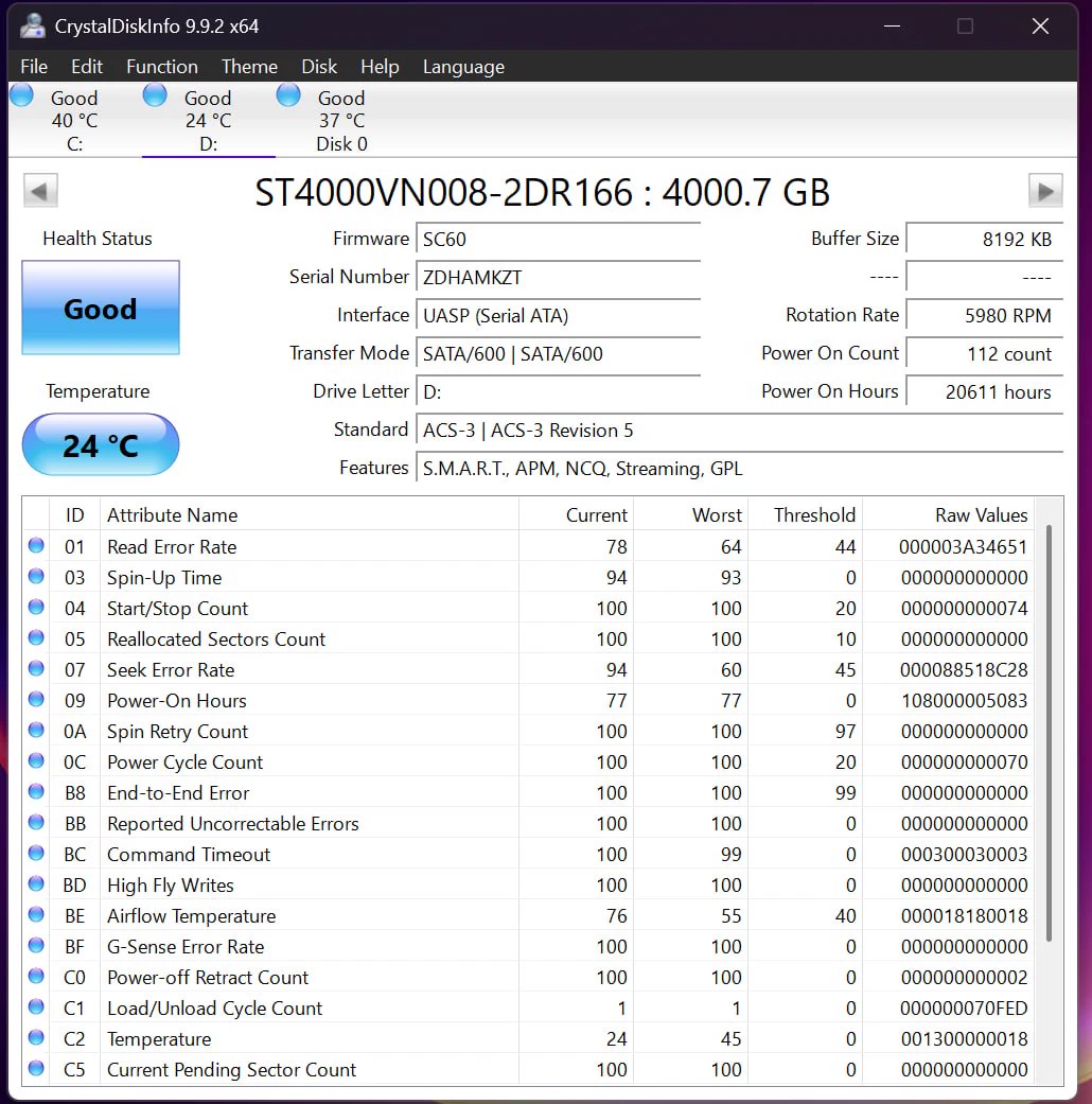 CrystalDiskInfo report for Seagate IronWolf 4TB serial ZDHAMKZT