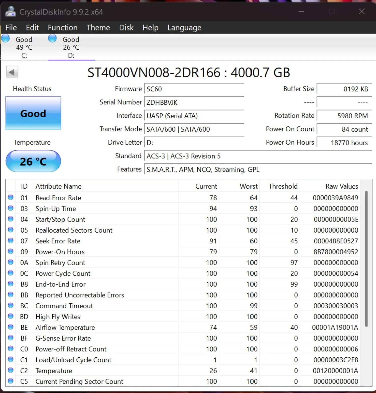 CrystalDiskInfo report for Seagate IronWolf 4TB serial ZDHBBVJK