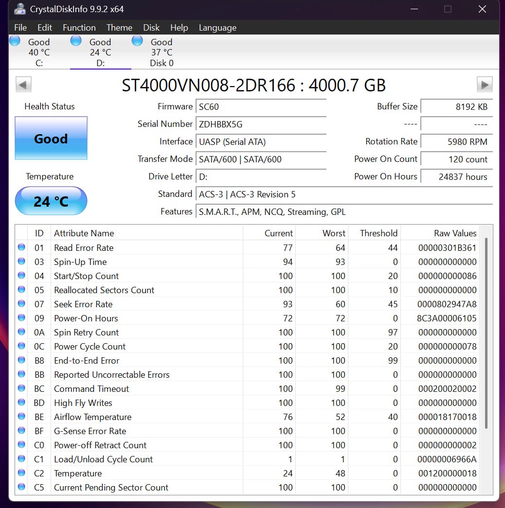 CrystalDiskInfo report for Seagate IronWolf 4TB serial ZDHBBX5G