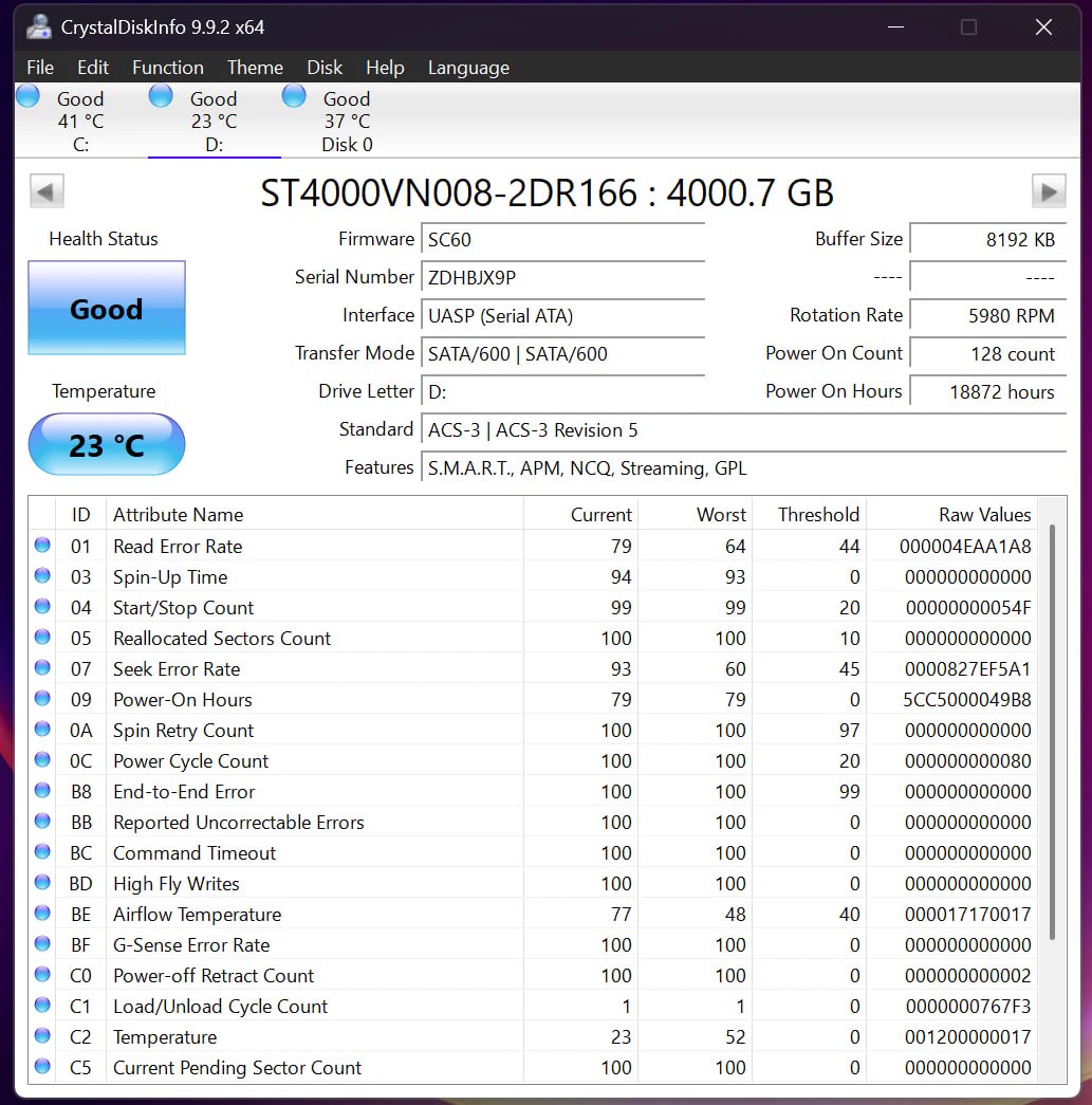 CrystalDiskInfo report for Seagate IronWolf 4TB serial ZDHBJX9P