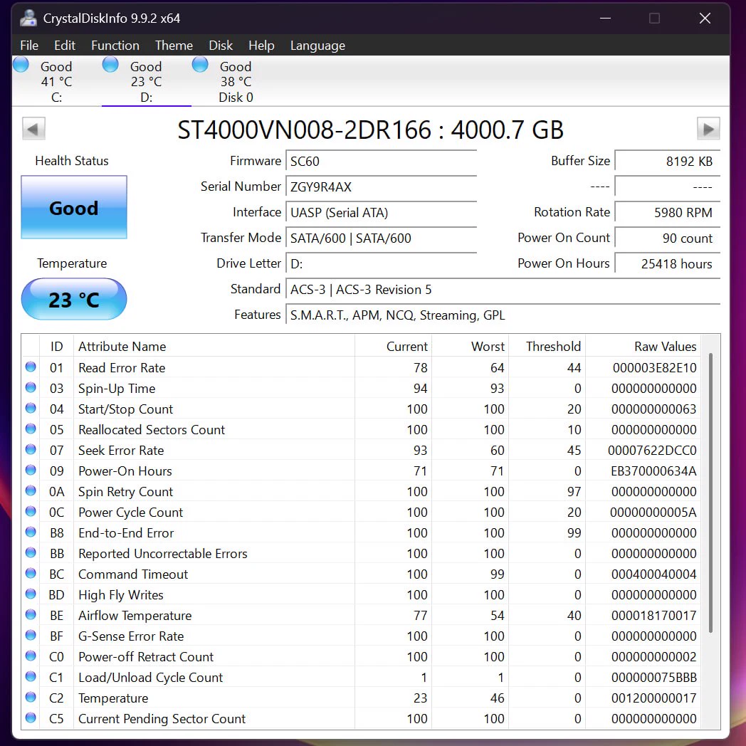 CrystalDiskInfo report for Seagate IronWolf 4TB serial ZGY9R4AX