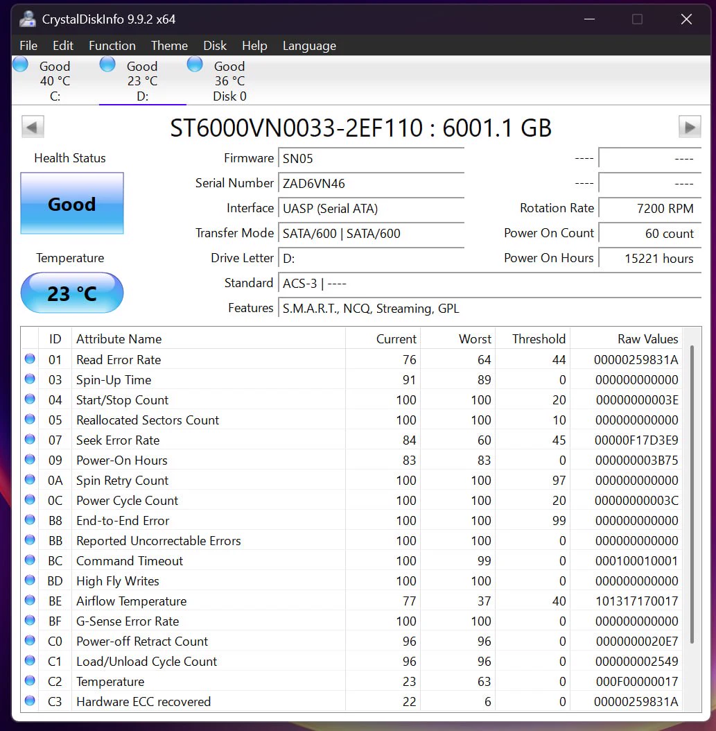 CrystalDiskInfo report for Seagate IronWolf 6TB serial ZAD6VN46