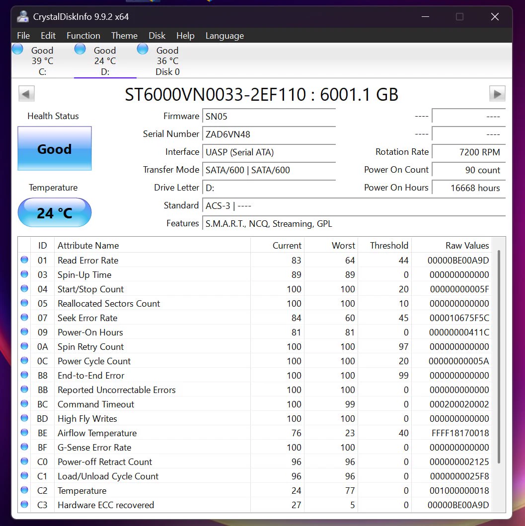 CrystalDiskInfo report for Seagate IronWolf 6TB serial ZAD6VN48