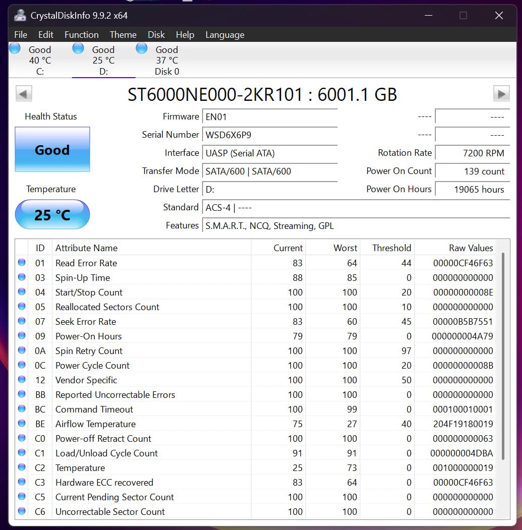 CrystalDiskInfo report for Seagate IronWolf Pro 6TB serial WSD6X6P9