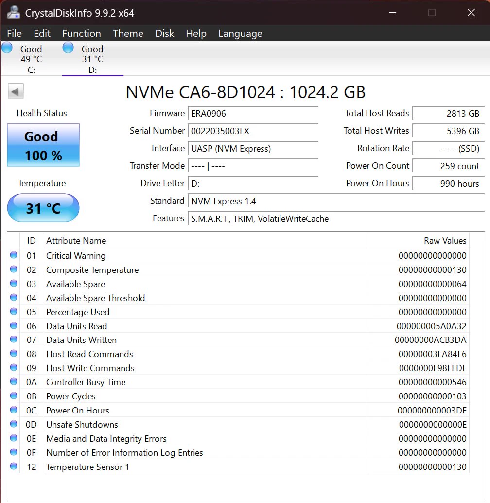 CrystalDiskInfo health report for Kioxia CA6 1TB NVMe SSD