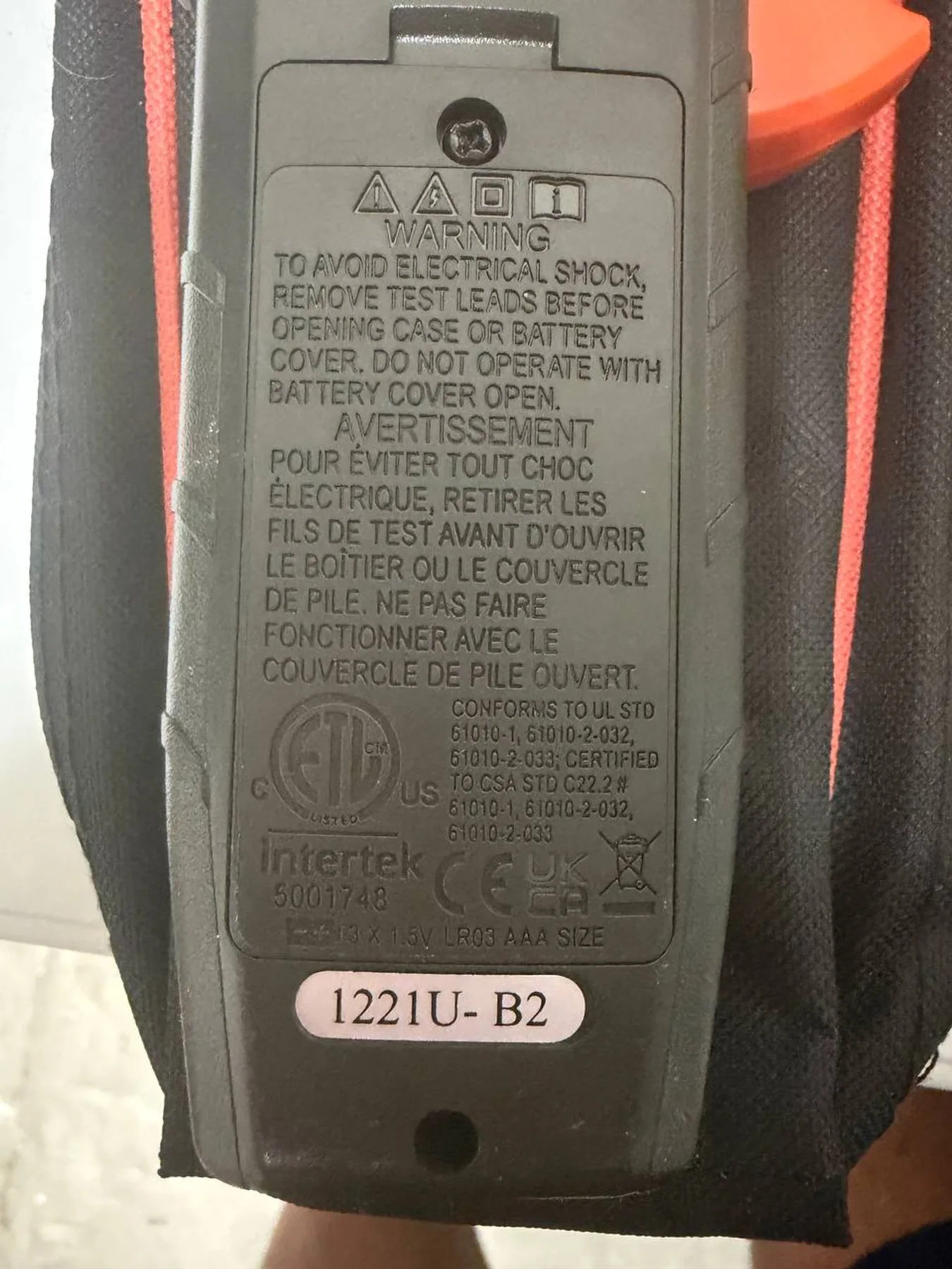 Back of Klein Tools CL120 digital clamp meter