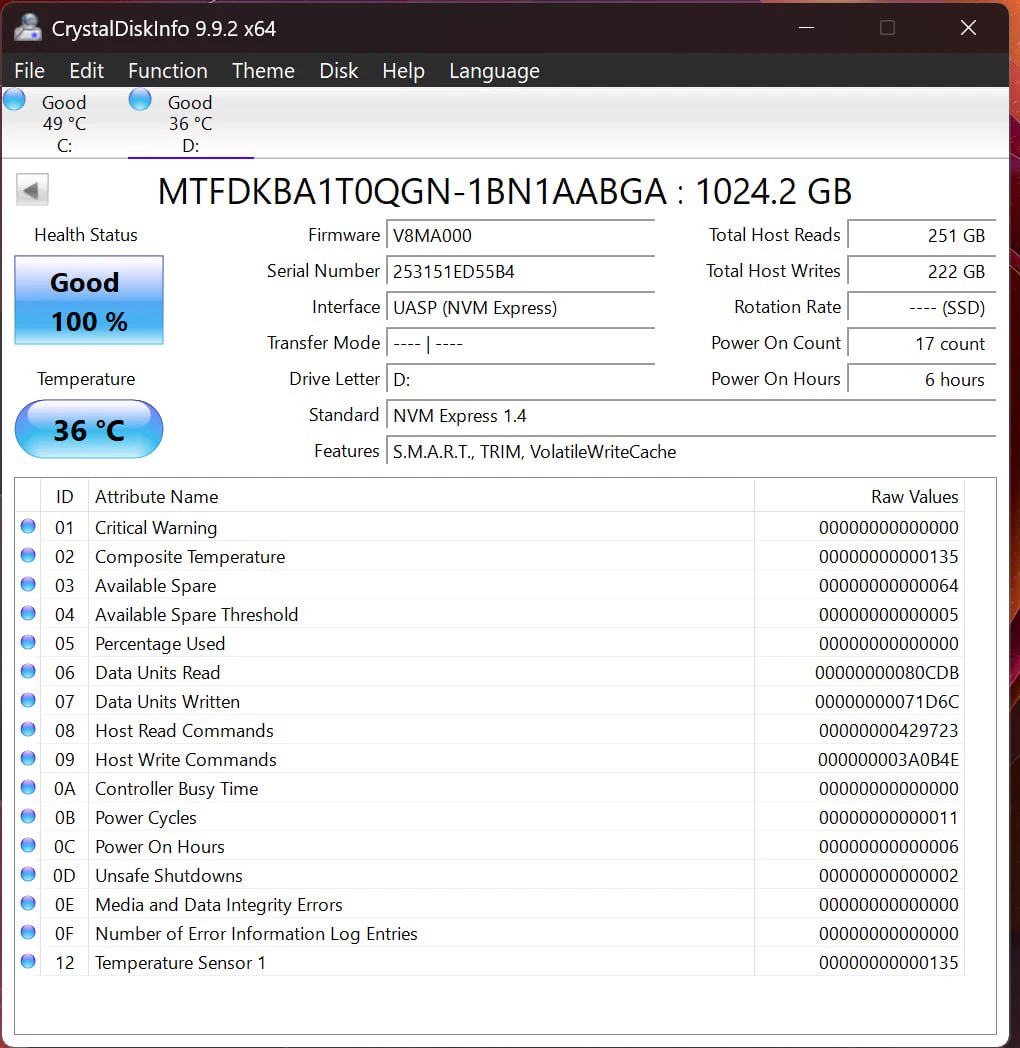 CrystalDiskInfo health report for Micron 1TB NVMe SSD