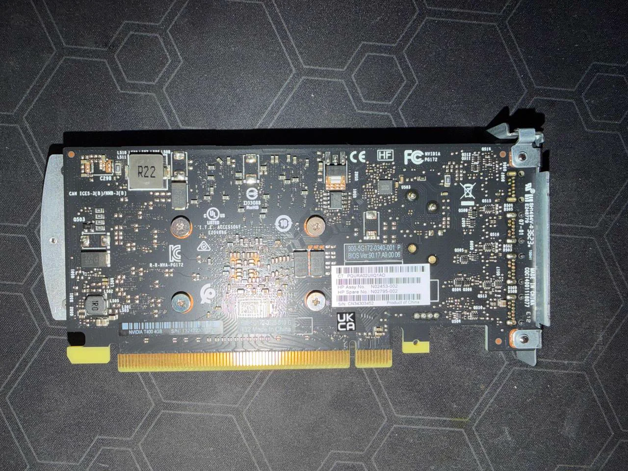 Back of NVIDIA T400 4GB graphics card with HP part labels