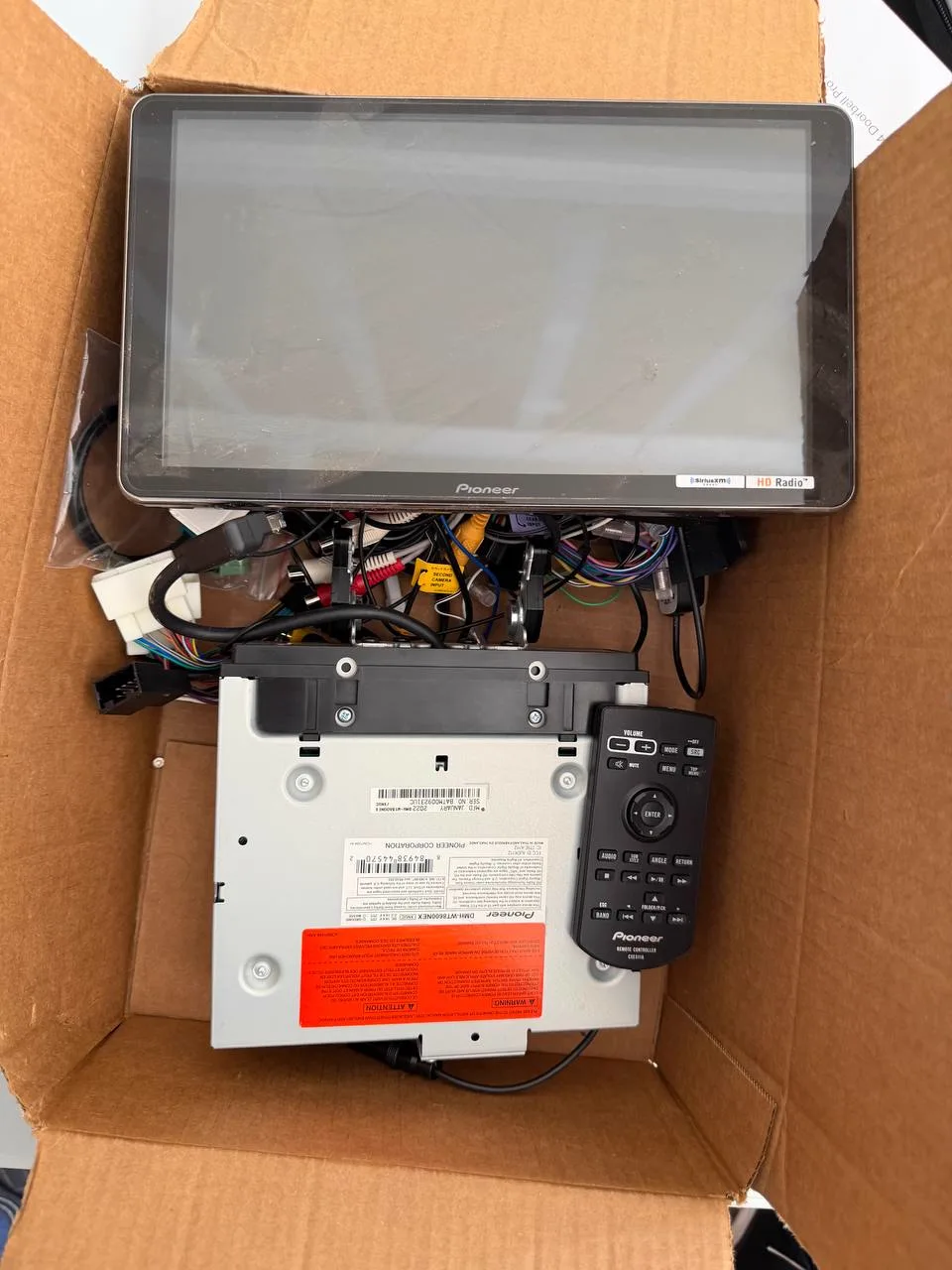 Pioneer DMH-WT8600NEX display, receiver chassis, remote, wiring and adapters