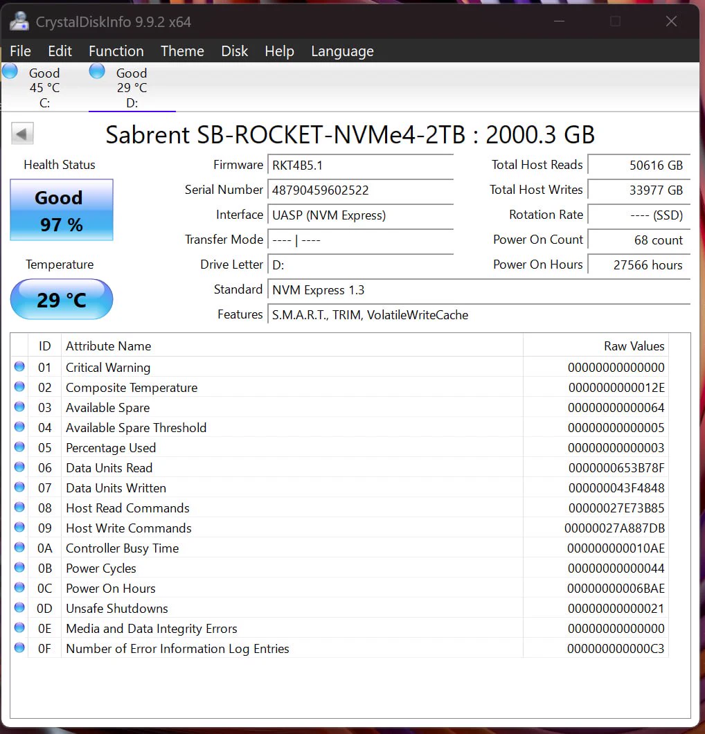 CrystalDiskInfo report for Sabrent Rocket 2TB serial 48790459602522