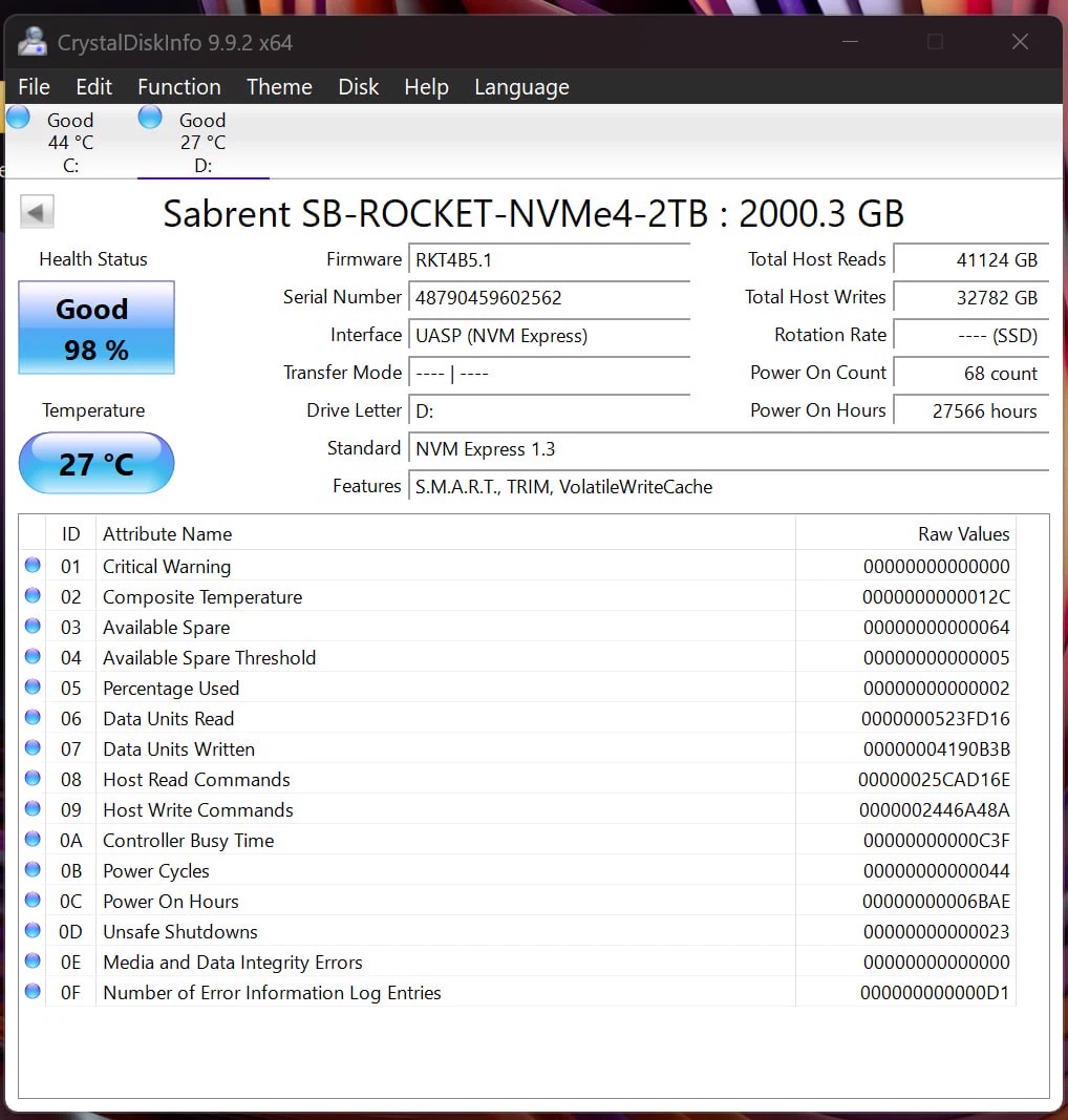 CrystalDiskInfo report for Sabrent Rocket 2TB serial 48790459602562