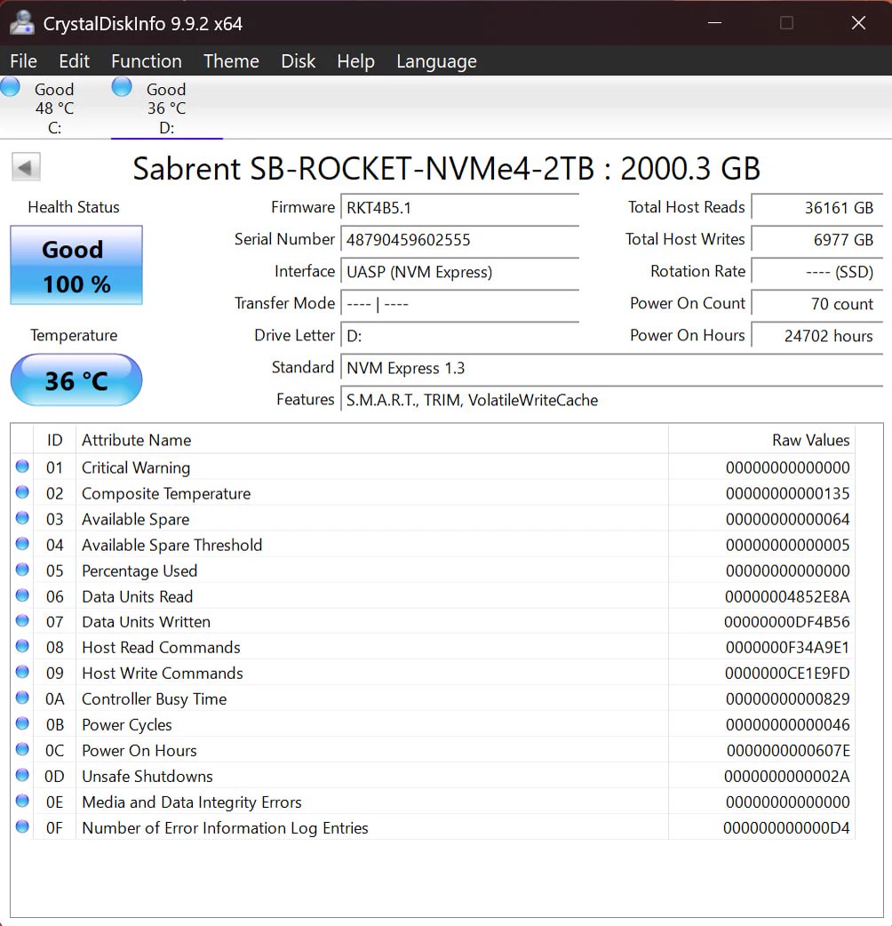 CrystalDiskInfo report for Sabrent Rocket 2TB serial 48790459602555