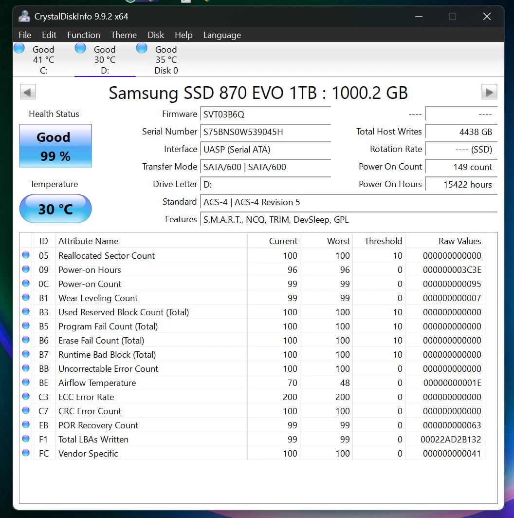 CrystalDiskInfo report for Samsung 870 EVO serial S75BNS0W539045H