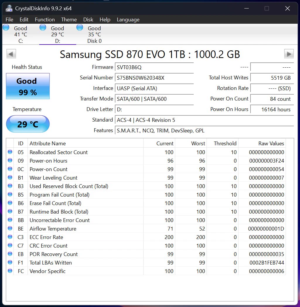CrystalDiskInfo report for Samsung 870 EVO serial S75BNS0W620348X