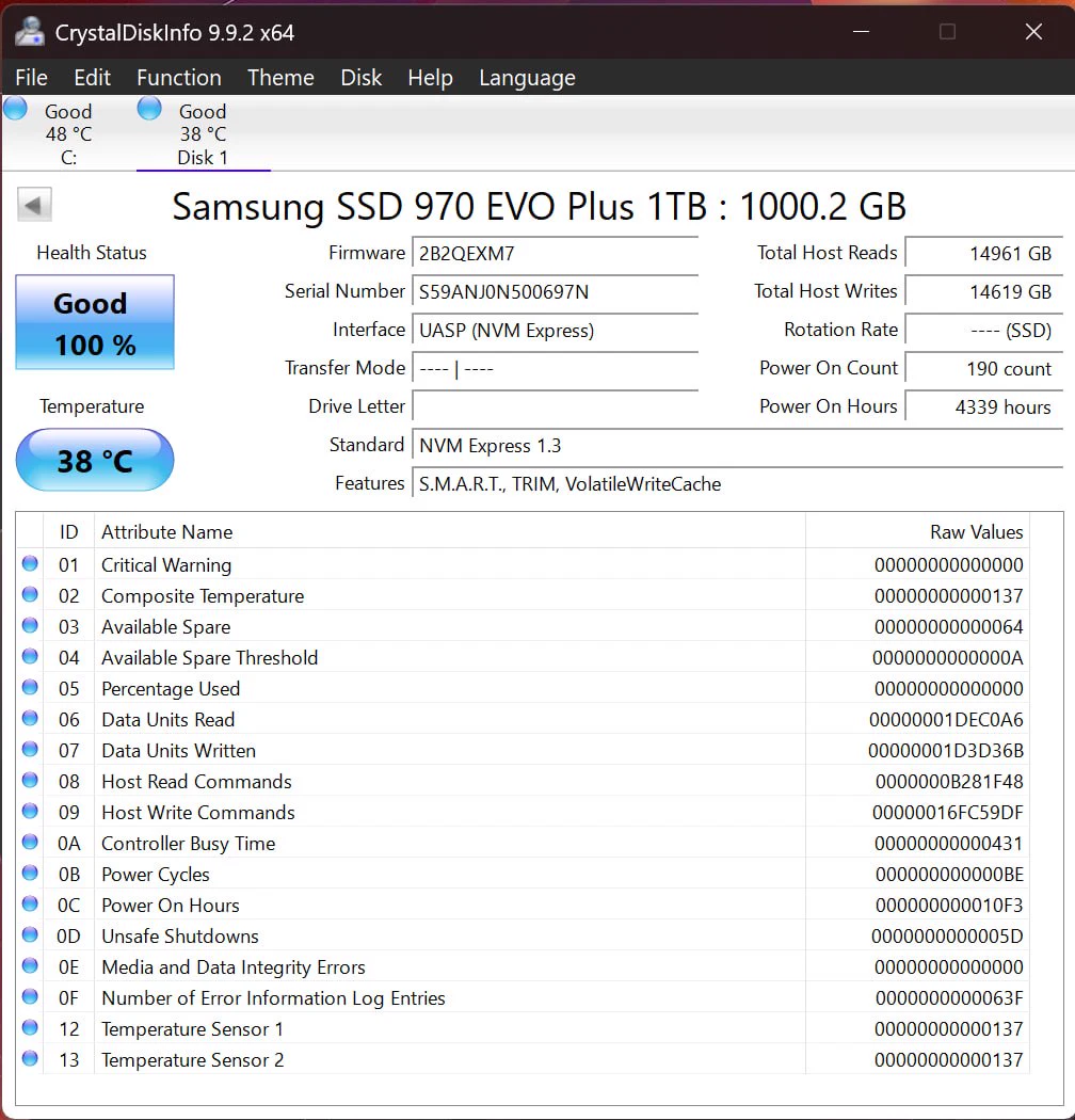 CrystalDiskInfo health report for Samsung 970 EVO Plus 1TB SSD