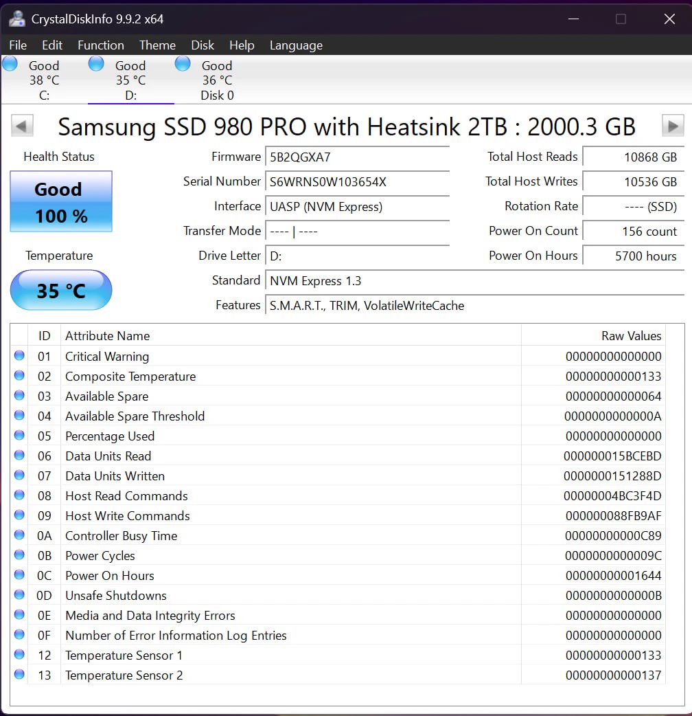 CrystalDiskInfo report for Samsung 980 PRO with Heatsink 2TB