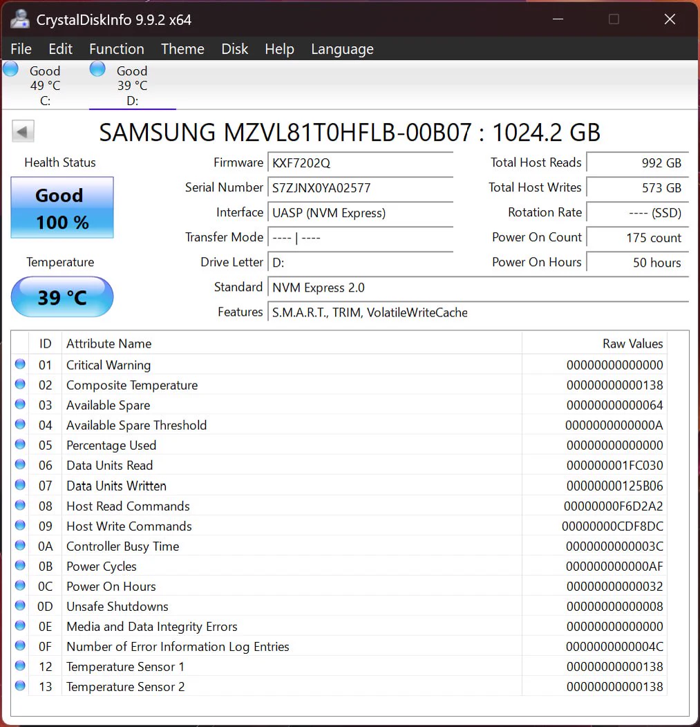 CrystalDiskInfo health report for Samsung MZVL81T0HFLB 1TB SSD