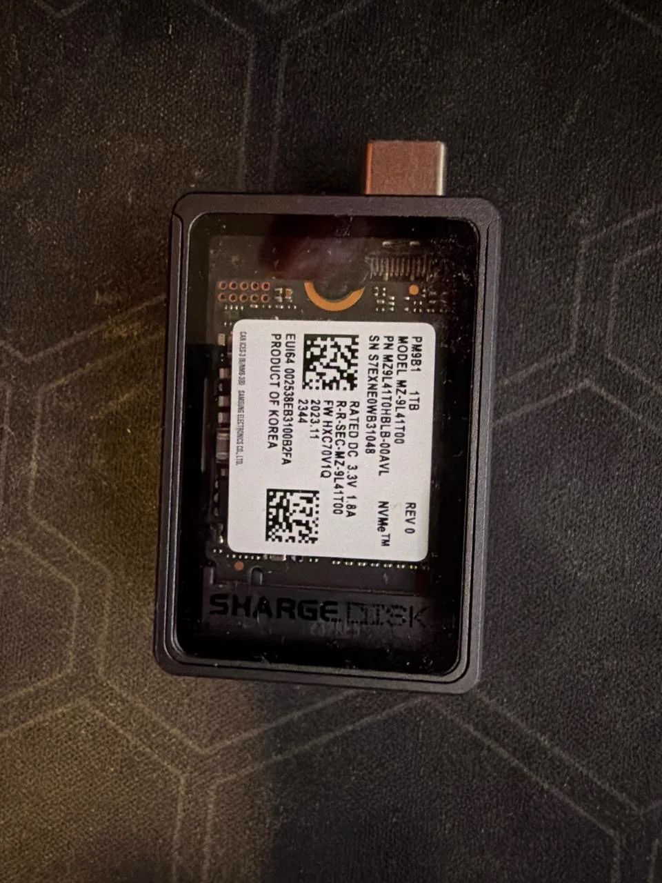 Samsung PM9B1 MZ9L41T0HBLB 1TB NVMe SSD installed in a Sharge Disk enclosure