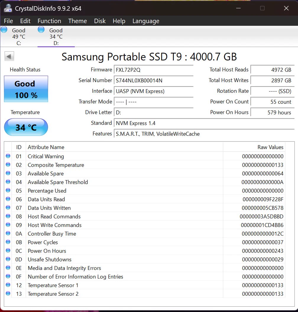 CrystalDiskInfo health report for Samsung T9 4TB