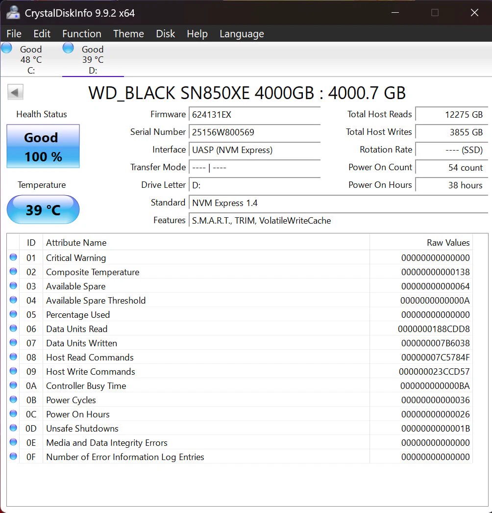 CrystalDiskInfo health report for the internal WD Black 4TB NVMe drive