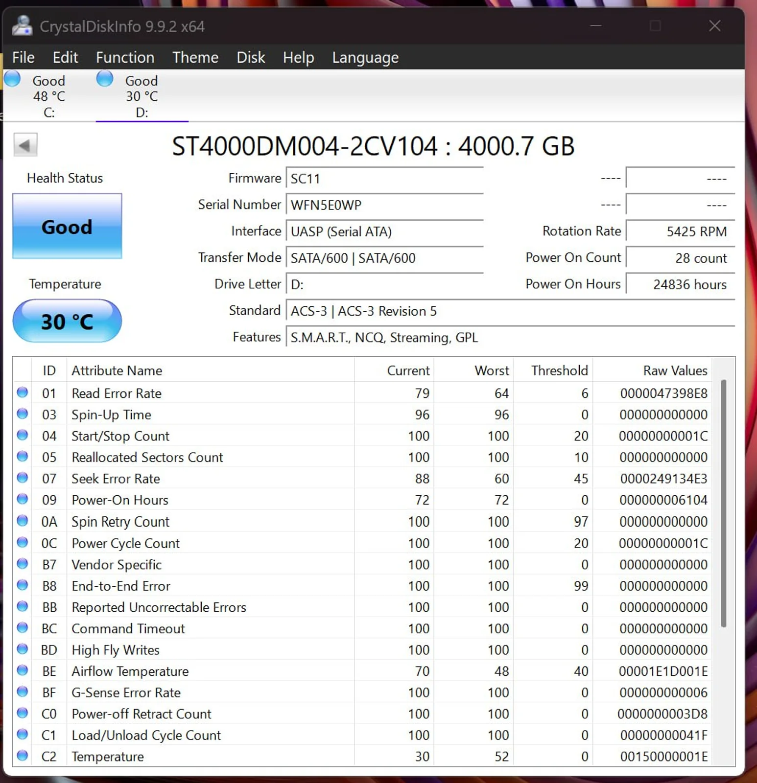 CrystalDiskInfo report for Seagate BarraCuda 4TB serial WFN5E0WP