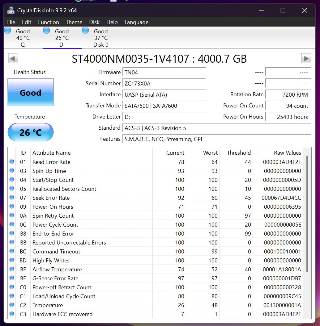 CrystalDiskInfo report for Seagate Enterprise 4TB serial ZC173X0A