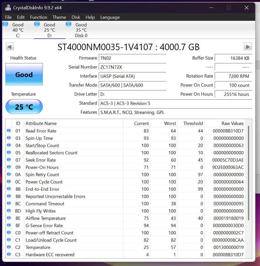 CrystalDiskInfo report for Seagate Enterprise 4TB serial ZC17N72X