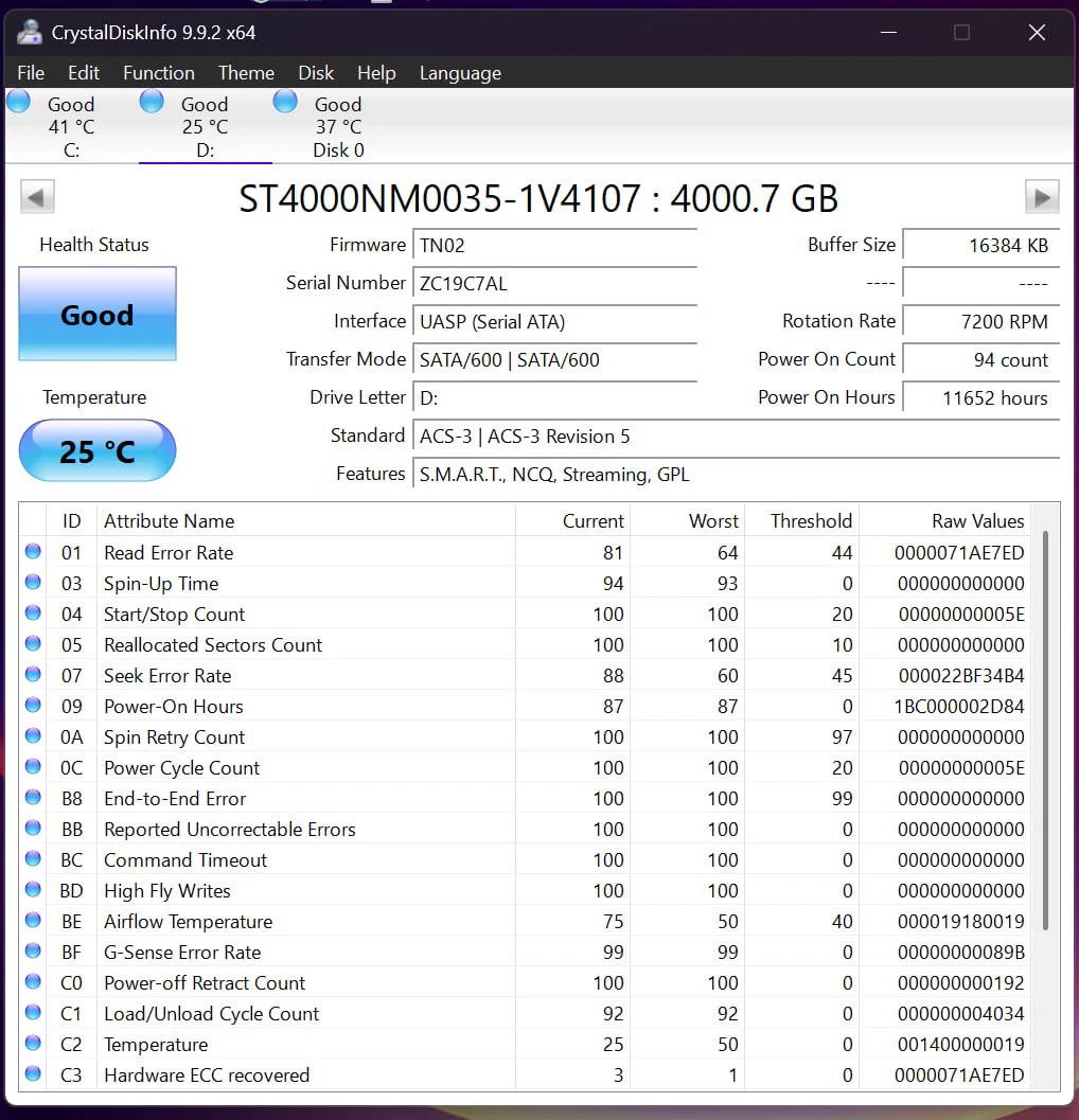 CrystalDiskInfo report for Seagate Enterprise 4TB serial ZC19C7AL