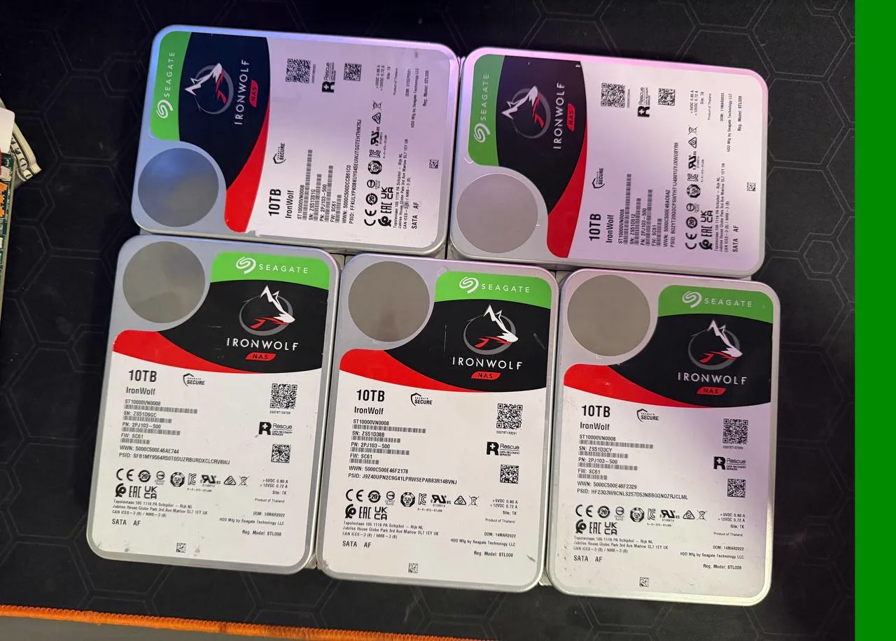 Five actual Seagate IronWolf 10TB NAS hard drives
