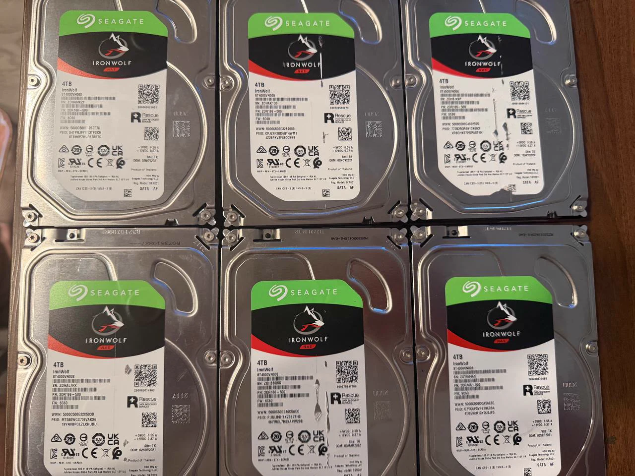 Six actual Seagate IronWolf 4TB NAS hard drives