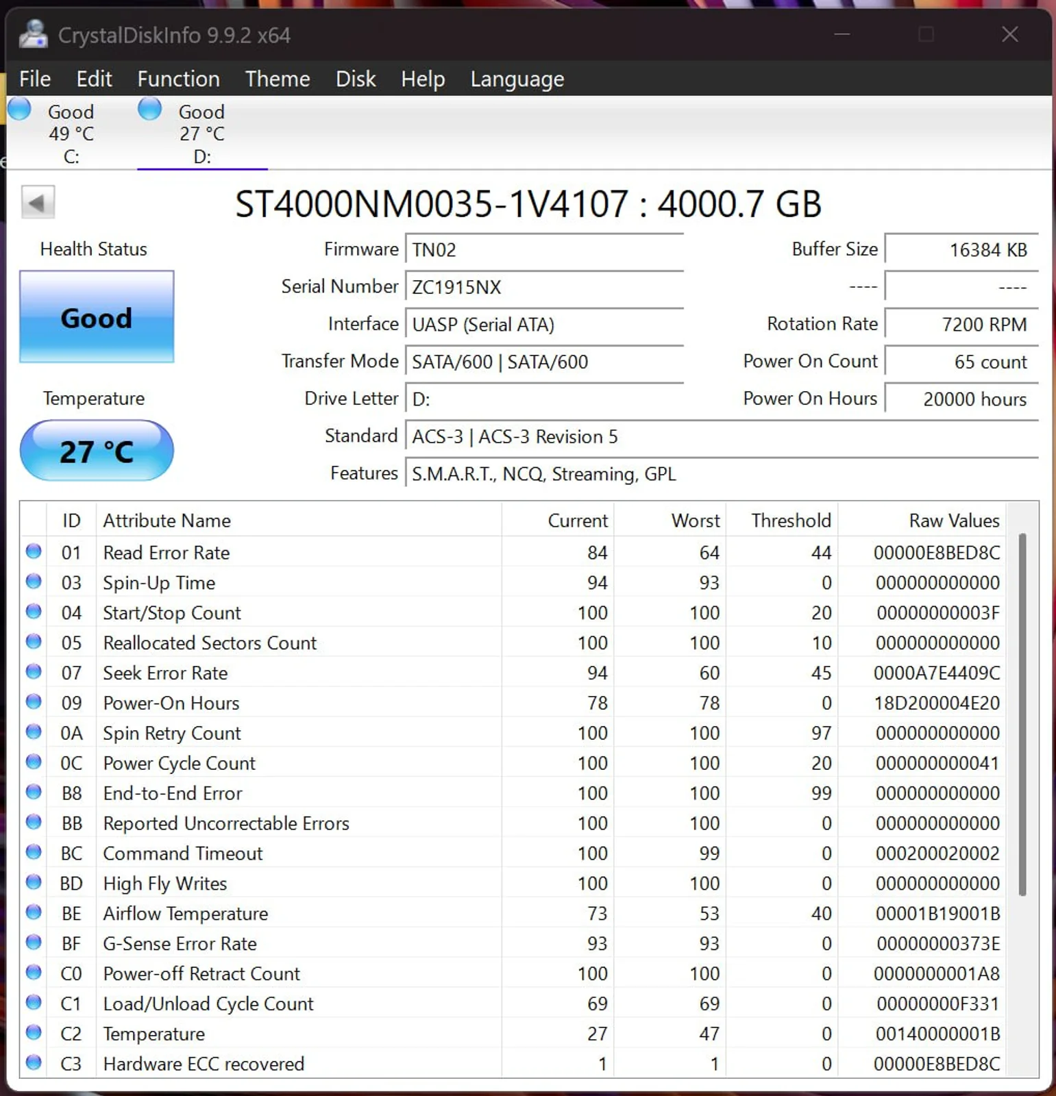 CrystalDiskInfo report for Seagate Terascale 4TB serial ZC1915NX