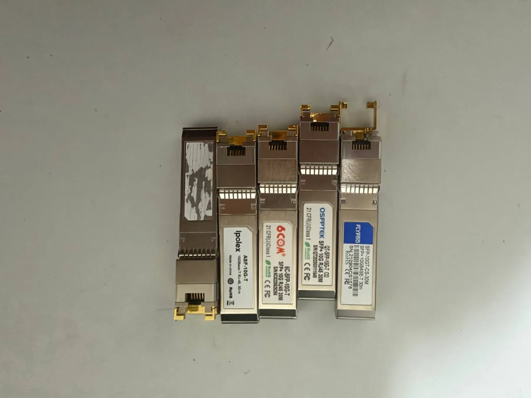 Five mixed-brand SFP+ to 10GBASE-T RJ45 transceivers