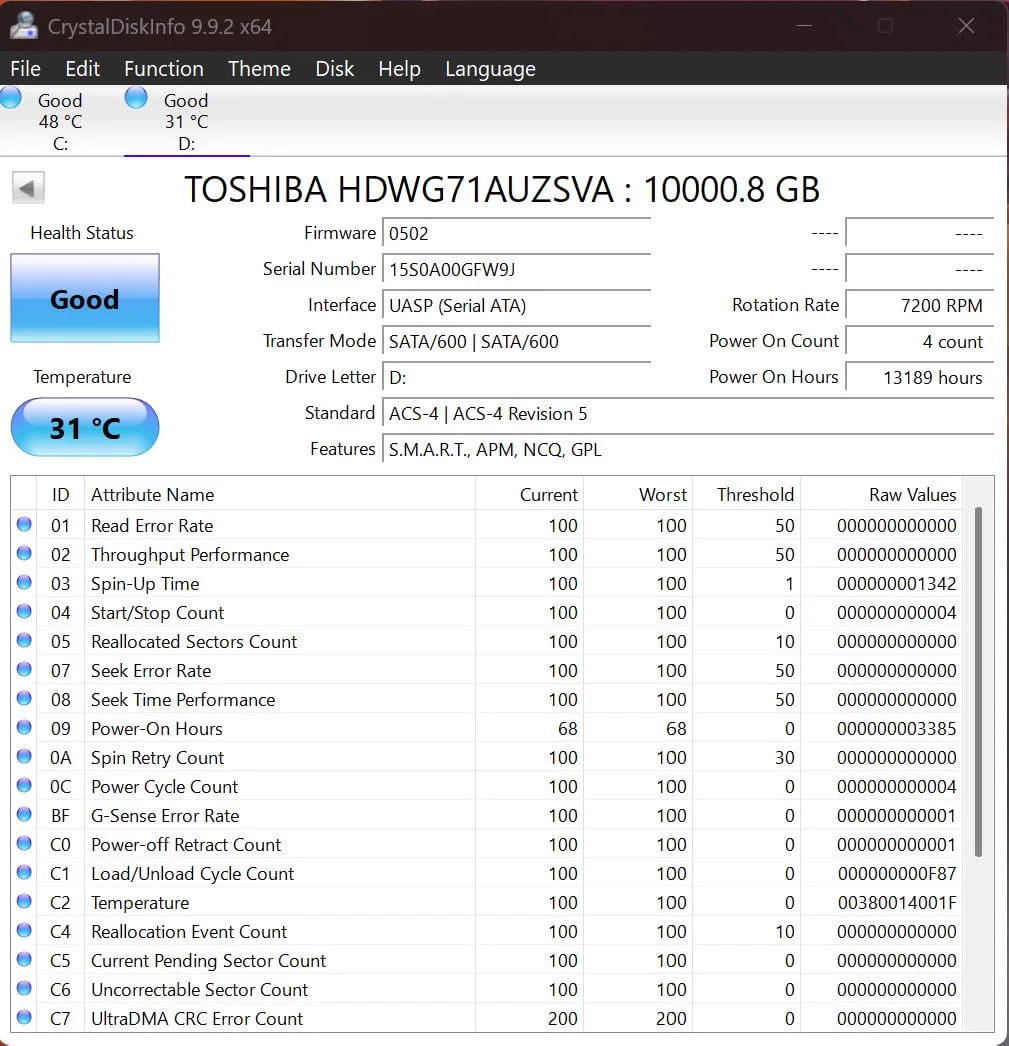 CrystalDiskInfo report for Toshiba N300 10TB serial 15S0A00GFW9J