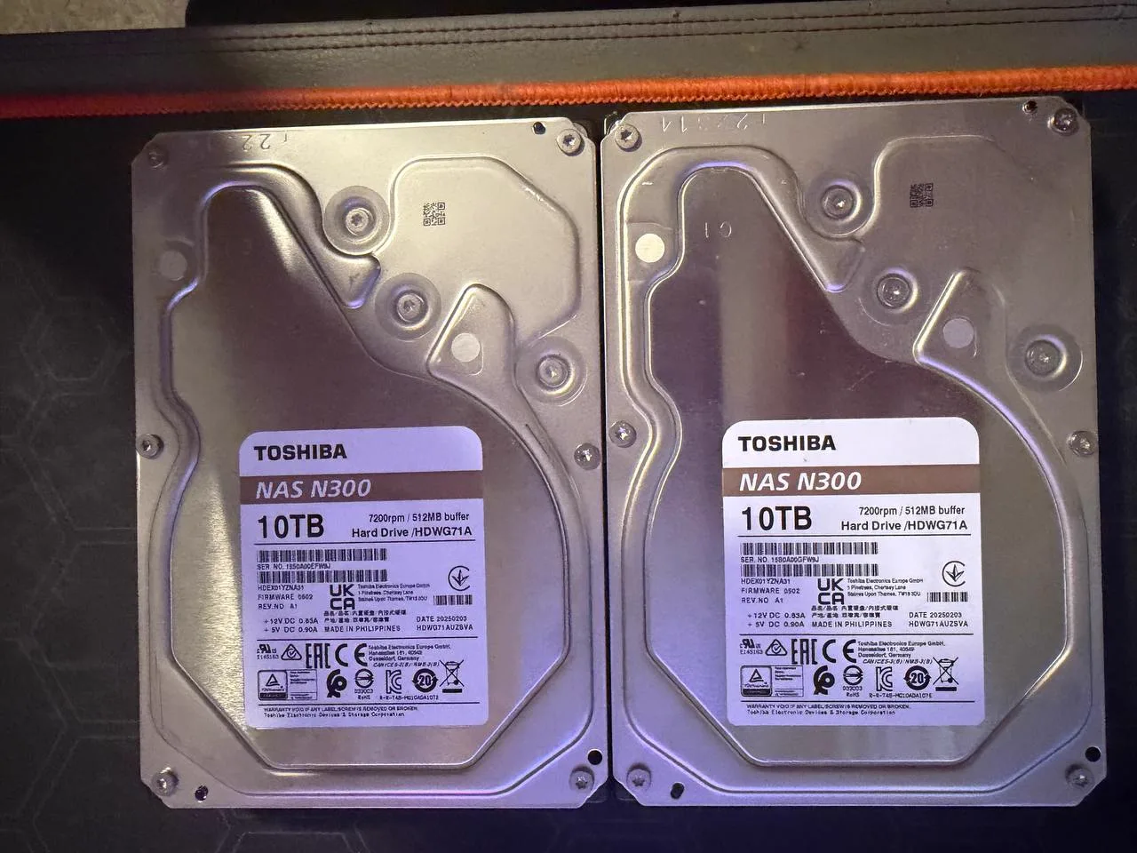 Two actual Toshiba N300 10TB NAS hard drives