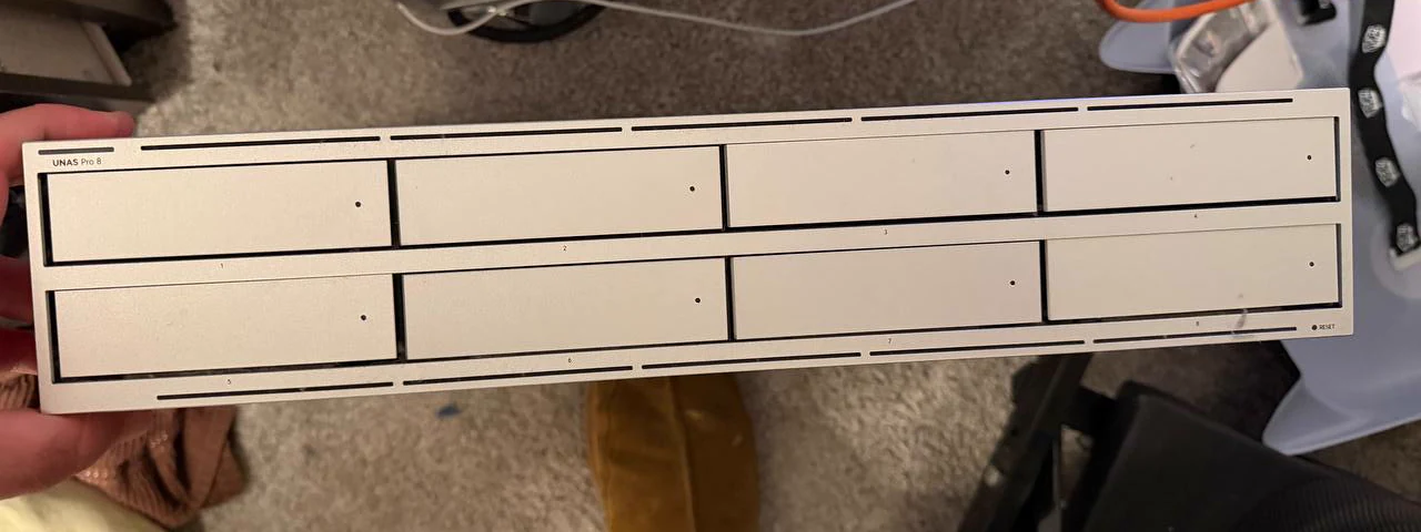 Actual UniFi UNAS Pro 8 front with all eight HDD trays