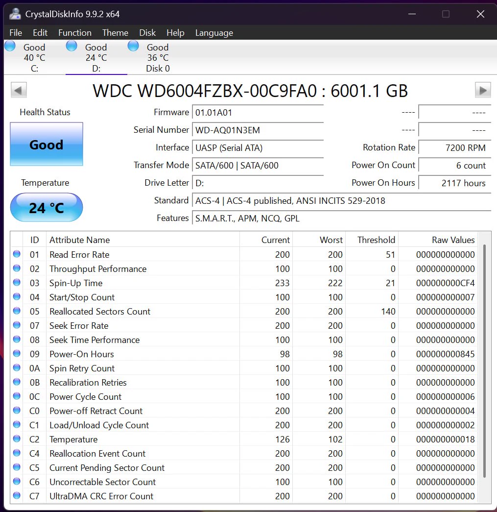 CrystalDiskInfo report for WD Black 6TB serial WD-AQ01N3EM