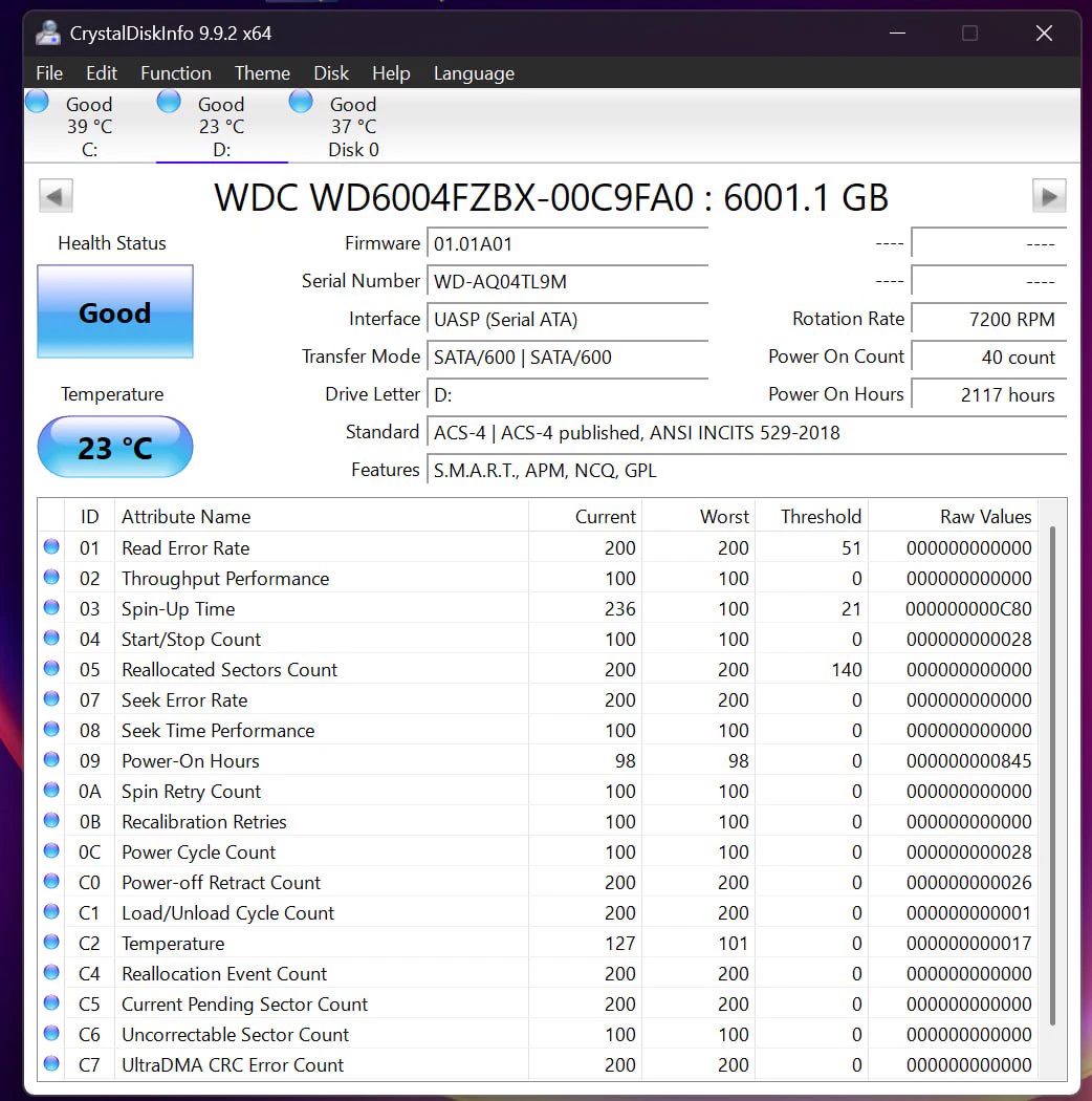 CrystalDiskInfo report for WD Black 6TB serial WD-AQ04TL9M